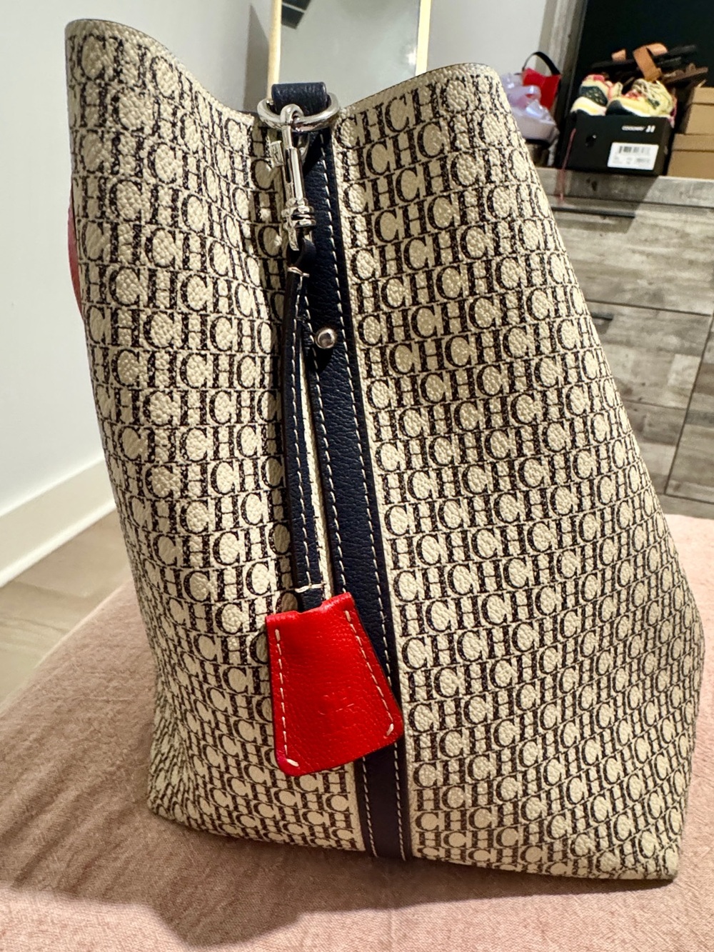 Carolina Herrera Beige Monogram Tote with Red Trim and Black Accents - Picture 4 of 7
